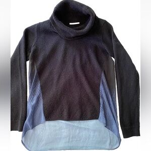 T Tahari sweater Women's M Knit Blue Chiffon Turtleneck Classic sheer back